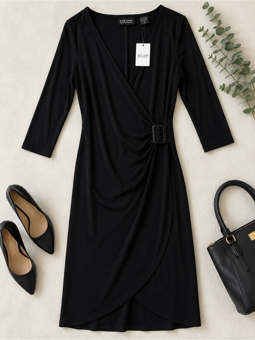New York & Company Black Faux Wrap Buckle Dress | Size Medium | Stretch Knit